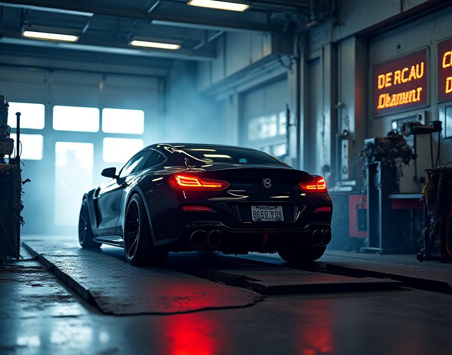 High performance car strapped to a dyno machine at Bloem Performance